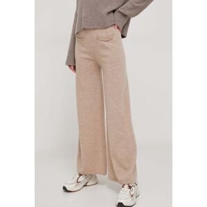 Vlnené nohavice Sisley béžová farba, široké, vysoký pás