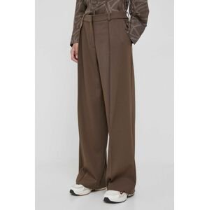 Nohavice s prímesou vlny Calvin Klein hnedá farba, široké, vysoký pás