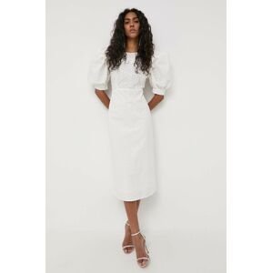 Bavlnené šaty Custommade biela farba, midi, áčkový strih
