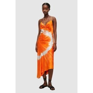 Šaty s prímesou hodvábu AllSaints oranžová farba, maxi, priliehavá