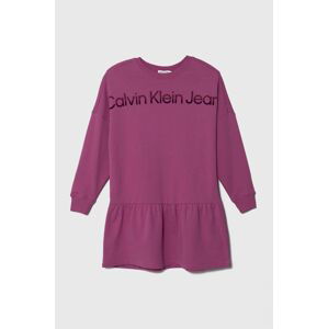 Dievčenské bavlnené šaty Calvin Klein Jeans fialová farba, mini, áčkový strih