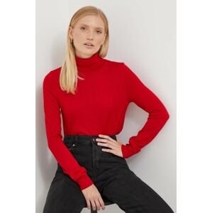Vlnený sveter Sisley dámsky, červená farba, tenký, s rolákom