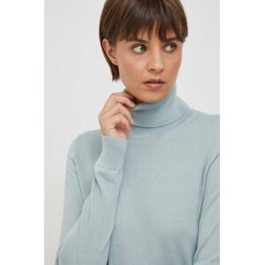 Vlnený sveter Sisley dámsky, tyrkysová farba, tenký, s rolákom