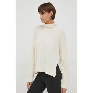 Vlnený sveter Sisley dámsky, béžová farba, s polorolákom