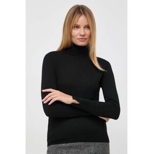 Vlnený sveter BOSS dámsky, čierna farba, tenký, s rolákom