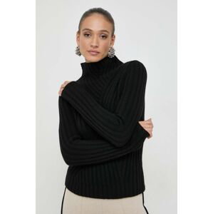 Vlnený sveter BOSS dámsky, čierna farba, teplý, s polorolákom