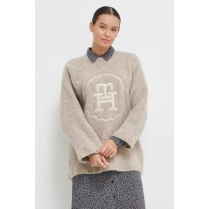 Vlnený sveter Tommy Hilfiger dámsky, béžová farba, teplý, s polorolákom