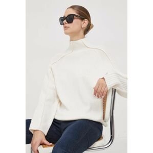 Vlnený sveter Calvin Klein dámsky, béžová farba, s polorolákom