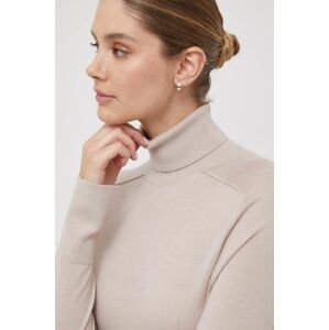 Vlnený sveter Calvin Klein dámsky, béžová farba, tenký, s rolákom