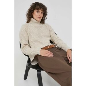 Vlnený sveter Barbour dámsky, béžová farba, teplý, s rolákom