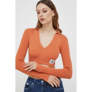 Tričko s dlhým rukávom Calvin Klein Jeans dámsky, oranžová farba