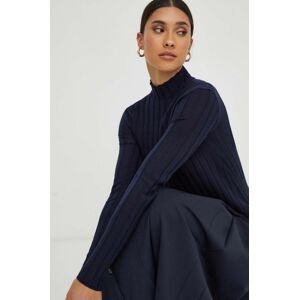 Vlnený sveter Ivy Oak dámsky, tmavomodrá farba, tenký, s polorolákom