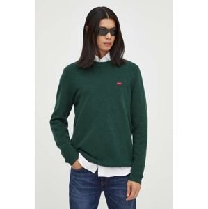Vlnený sveter Levi's pánsky, zelená farba, tenký