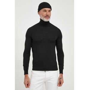 Vlnený sveter Sisley pánsky, čierna farba, tenký, s rolákom