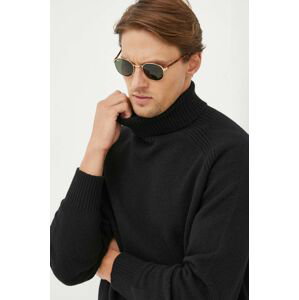 Vlnený sveter BOSS pánsky, čierna farba, s rolákom