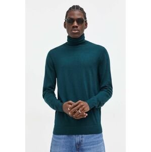 Vlnený sveter Superdry pánsky, zelená farba, tenký, s rolákom