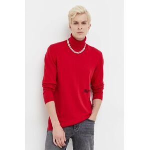 Sveter s prímesou vlny Karl Lagerfeld Jeans pánsky, červená farba, tenký, s rolákom