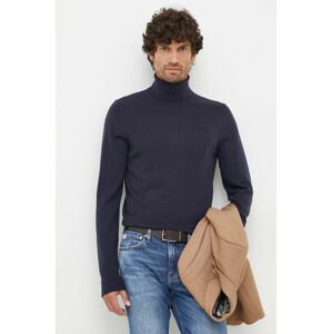 Vlnený sveter Calvin Klein pánsky, tmavomodrá farba, tenký, s rolákom