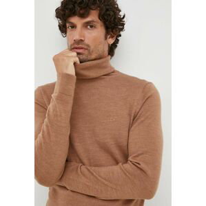Vlnený sveter Calvin Klein pánsky, hnedá farba, tenký, s rolákom