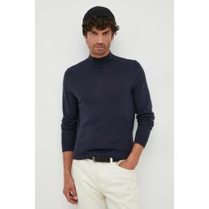 Vlnený sveter Calvin Klein pánsky, tmavomodrá farba, tenký, s polorolákom
