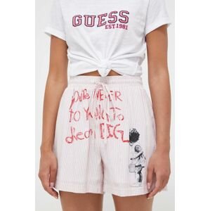 Šortky Guess x Banksy dámske, ružová farba, vzorované, vysoký pás