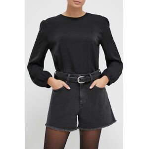 Rifľové krátke nohavice Sisley dámske, čierna farba, jednofarebné, vysoký pás