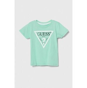Detské bavlnené tričko Guess tyrkysová farba, s potlačou