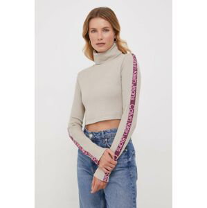 Tričko s dlhým rukávom Calvin Klein Jeans dámsky, béžová farba, s rolákom