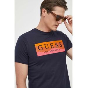 Bavlnené tričko Guess tmavomodrá farba, vzorované