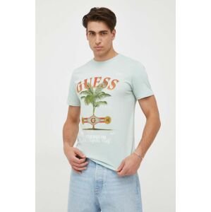 Bavlnené tričko Guess tyrkysová farba, vzorované
