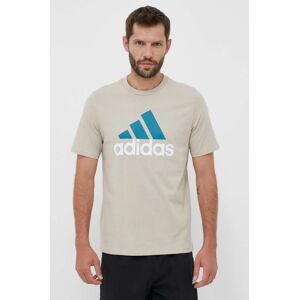 Bavlnené tričko adidas béžová farba, s potlačou