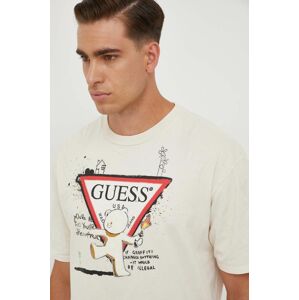 Bavlnené tričko Guess Guess x Banksy pánske, béžová farba, s potlačou