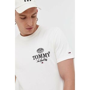 Bavlnené tričko Tommy Jeans béžová farba, s nášivkou