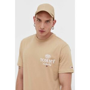 Bavlnené tričko Tommy Jeans béžová farba, s nášivkou