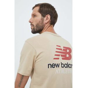 Bavlnené tričko New Balance béžová farba, jednofarebný