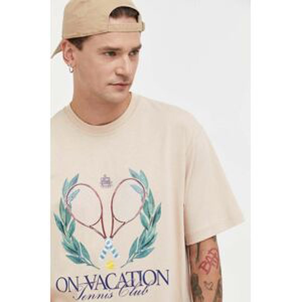 Bavlnené tričko On Vacation pánsky, béžová farba, s potlačou