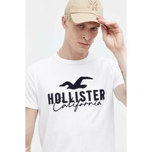 Bavlnené tričko Hollister Co. pánsky, biela farba, s nášivkou