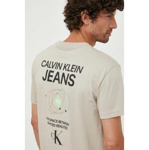 Bavlnené tričko Calvin Klein Jeans béžová farba, s potlačou