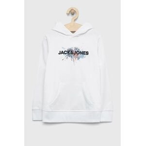 Detská mikina Jack & Jones biela farba, s kapucňou, s potlačou