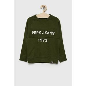 Detská bavlnená mikina Pepe Jeans zelená farba, s nášivkou