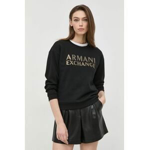 Bavlnená mikina Armani Exchange dámska, čierna farba, s potlačou
