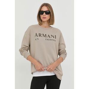 Bavlnená mikina Armani Exchange dámska, béžová farba, s nášivkou