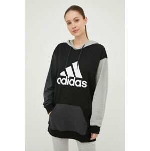 Bavlnená mikina adidas dámska, čierna farba, s potlačou