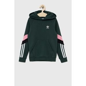 Detská mikina adidas Originals zelená farba, s kapucňou, jednofarebná