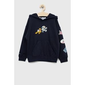 Detská mikina adidas Originals X Disney tmavomodrá farba, s kapucňou, vzorovaná