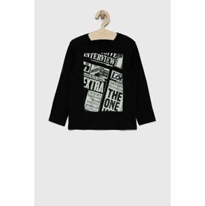 Detská bavlnená košeľa s dlhým rukávom Sisley čierna farba, s potlačou