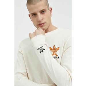 Bavlnené tričko s dlhým rukávom adidas Originals béžová farba, s potlačou