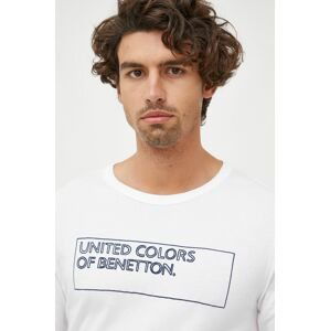 Bavlnené tričko s dlhým rukávom United Colors of Benetton biela farba, s potlačou