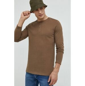 Bavlnené tričko s dlhým rukávom Solid hnedá farba, jednofarebné