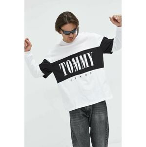 Bavlnené tričko s dlhým rukávom Tommy Jeans biela farba, s potlačou